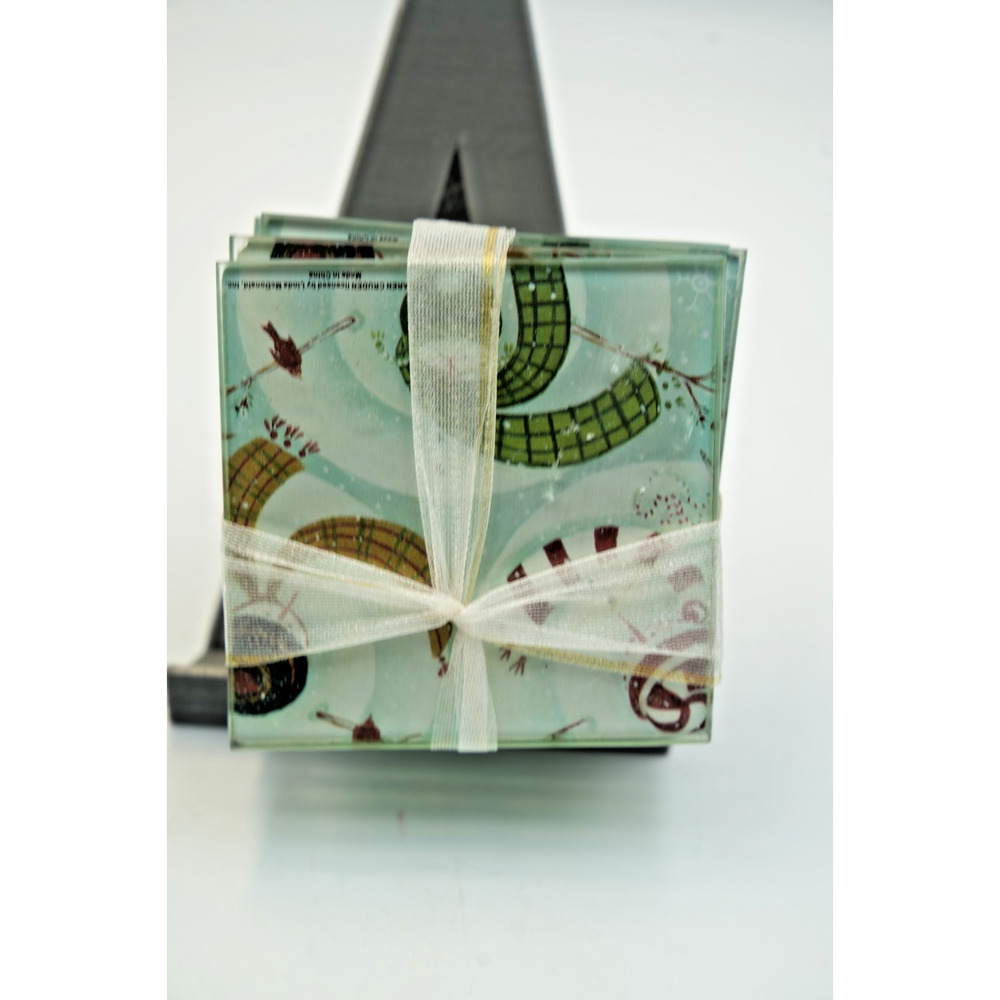 Holiday Snowman Glass Coaster Set (4pc) –‎ Ribbon Wrapped, New